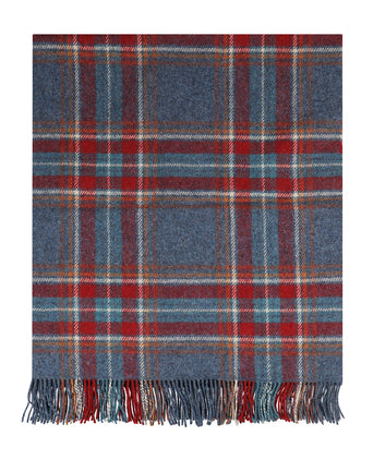 Ierse Plaid van Shetland Wol | Denim Blue Rust Red Plaid