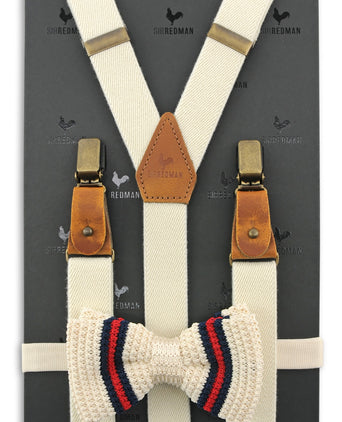Bow tie/suspender combination with clips and tabs | White
