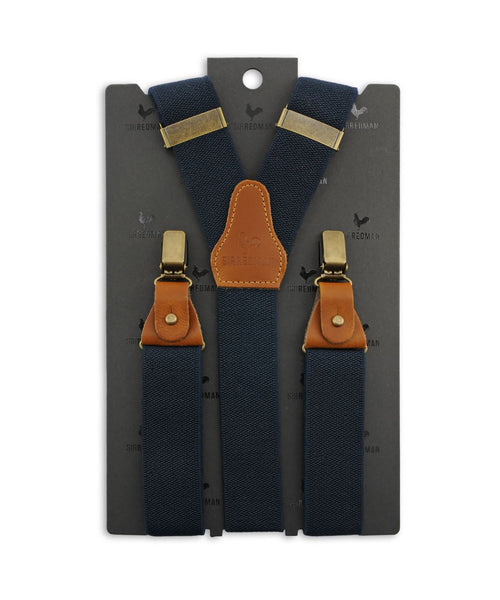 Luxury leather suspenders with clips and tabs | Navy Blue