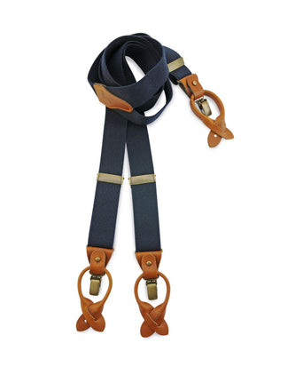 Luxury leather suspenders with clips and tabs | Navy Blue