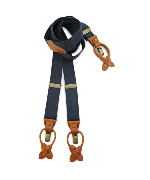 Luxury leather suspenders with clips and tabs | Navy Blue