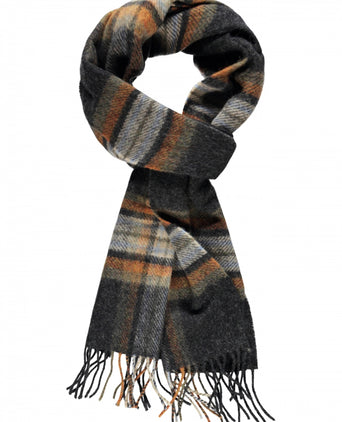 Long Lambswool Plaid Scarf | Charcoal Beige Rust Plaid