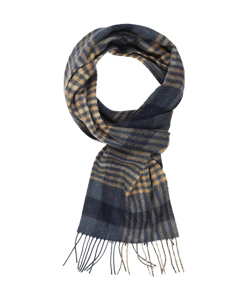 Long Lambswool Check Scarf | Denim Navy Beige Black Check