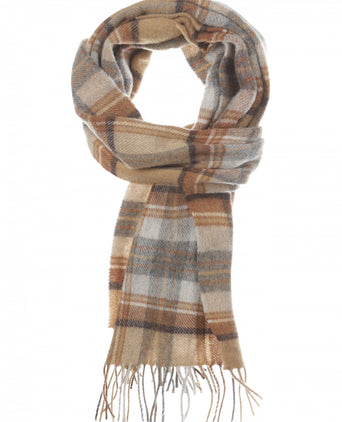 Long Lambswool Check Scarf | Silver Beige Grey Plaid