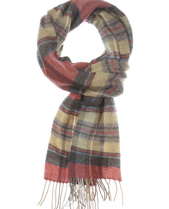 Long Lambswool Plaid Scarf | Red Grey Straw Plaid