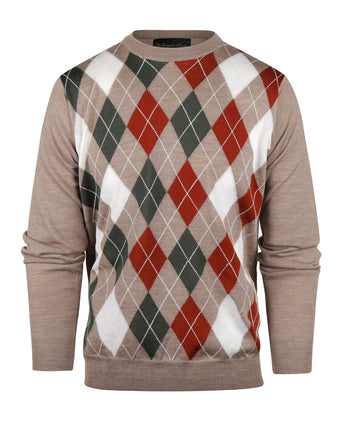 Merino Crew Neck Checked Sweater | Brown