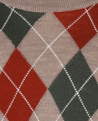 Merino Crew Neck Checked Sweater | Brown
