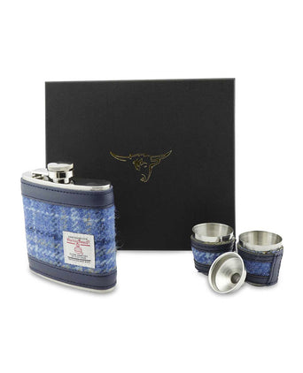 Harris Tweed Hip Flask Gift Set | Blue