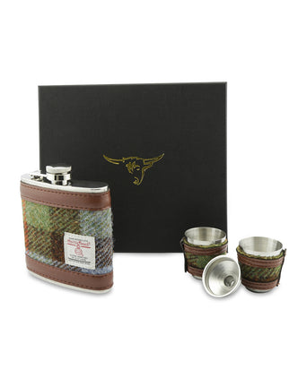Harris Tweed Hip Flask Gift Set | Green