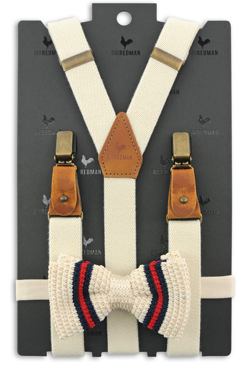 Bow tie/suspender combination with clips and tabs | White