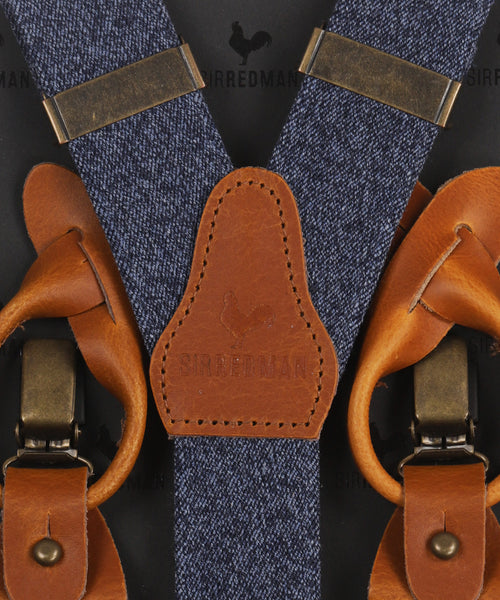 Luxe leren bretels met clips en patten | Blauw